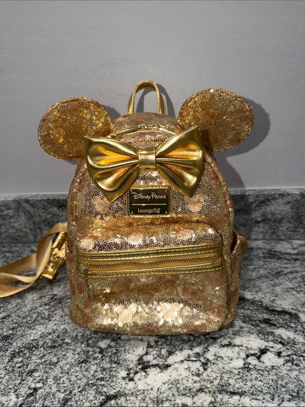 Loungefly Gold Sequin Minnie Ear Mini Backpack with Metallic Bow